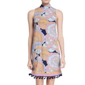 Trina Turk Navy Multi Floral Shift Dress with Tassel Hem
